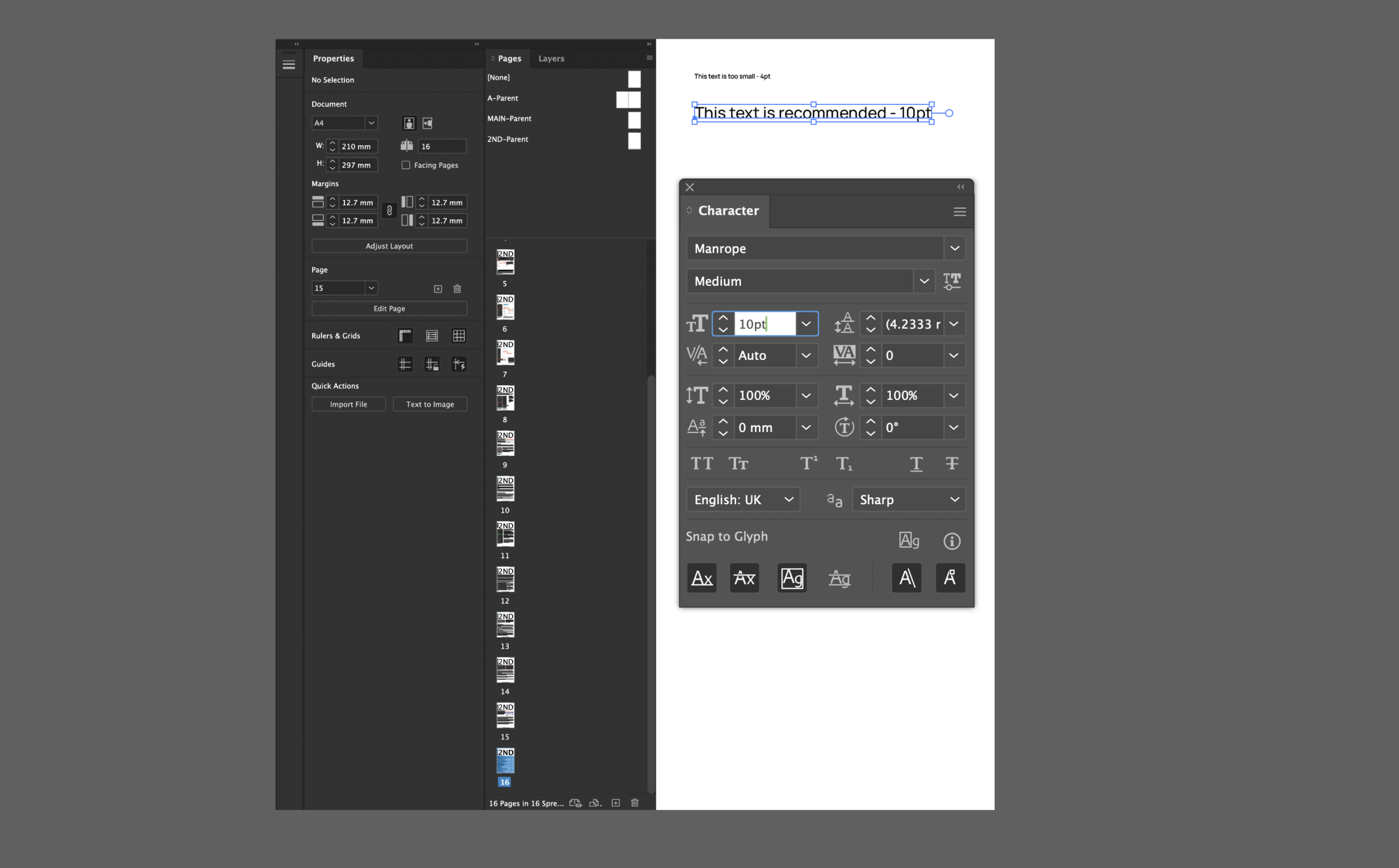 Working with single pages and correct font sizing