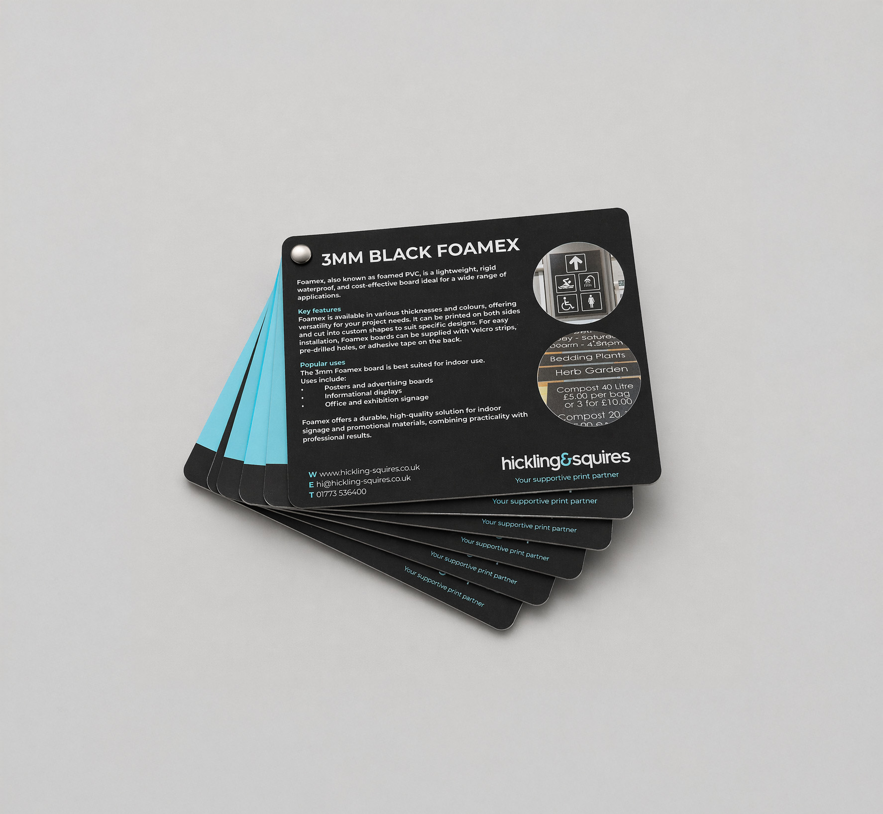 Rigid print material swatches including Foamex, acrylic and Correx